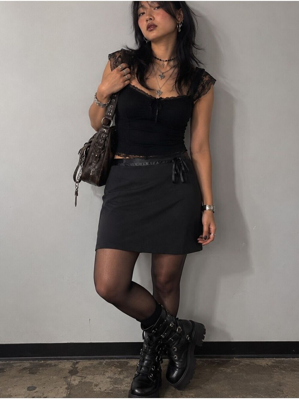 Vintage 90s Goth Midi Skirt w Bow Sz 11 Made in Canada